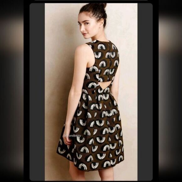 NWT Anthropologie‎ Hunter Dixon Green Black Adette Jacquard Pleated Dress 4 - Picture 1 of 14